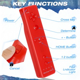 FISUPER Remote Controller with Motion Plus for Wii, 2 in 1 Remote with Nunchuck Controller Compatible with Wii Wii U Console (Red)