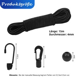 suruikei Rubber Cord 4 mm 15 m Black, Elastic Expander Rope, Rubber Cord, Rubber Cord, Rubber Band, Tarpaulin Rope, Tension Rope with Hooks, Accessories, DIY (Black, 4 mm x 15 m)