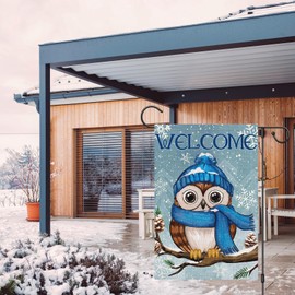 Wodison Owl Welcome Winter Garden Flag 12 x 18 Inch Double Sided Outside, Snowflake Winter Seasonal Farmhouse Yard Outdoor Decor
