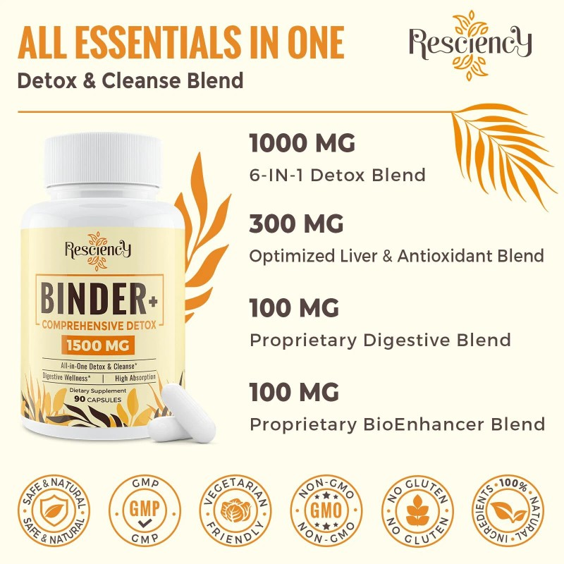 Resciency 1500mg Detox Binder 90 Vegan Capsules Charcoal Zeolite Bentonite