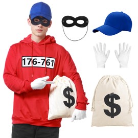 Alaiyaky Men's Bank Robber Costume, Gangster Tank Cracker Costume, Carnival Outfit with Hoodie Mask, Gloves, T-Shirt, Men's Bandit Costume, Fancy Dress & Carnival (Style A, L)