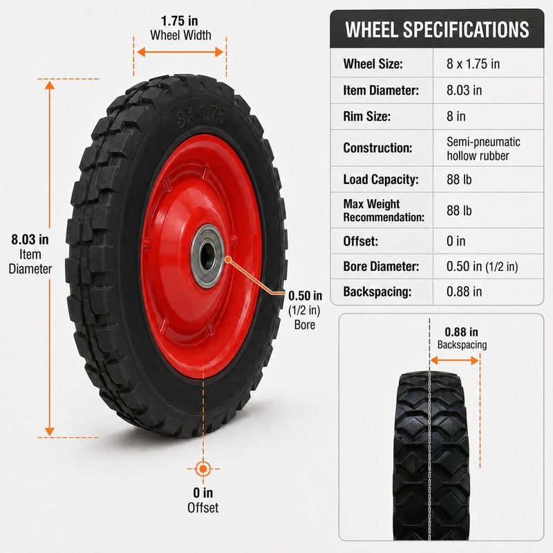 Shepherd Hardware 8" Semi-Pneumatic Replacement Wheel – Diamond Tread Rubber