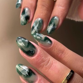 Emerald Almond Press on Nails Medium Fake Nails with Green Marble Smudge Designs Stick on Nails Reusable Acrylic Nails Reusable Artificial Nails Glue on Nails False Nails for Women Manicure 24Pcs