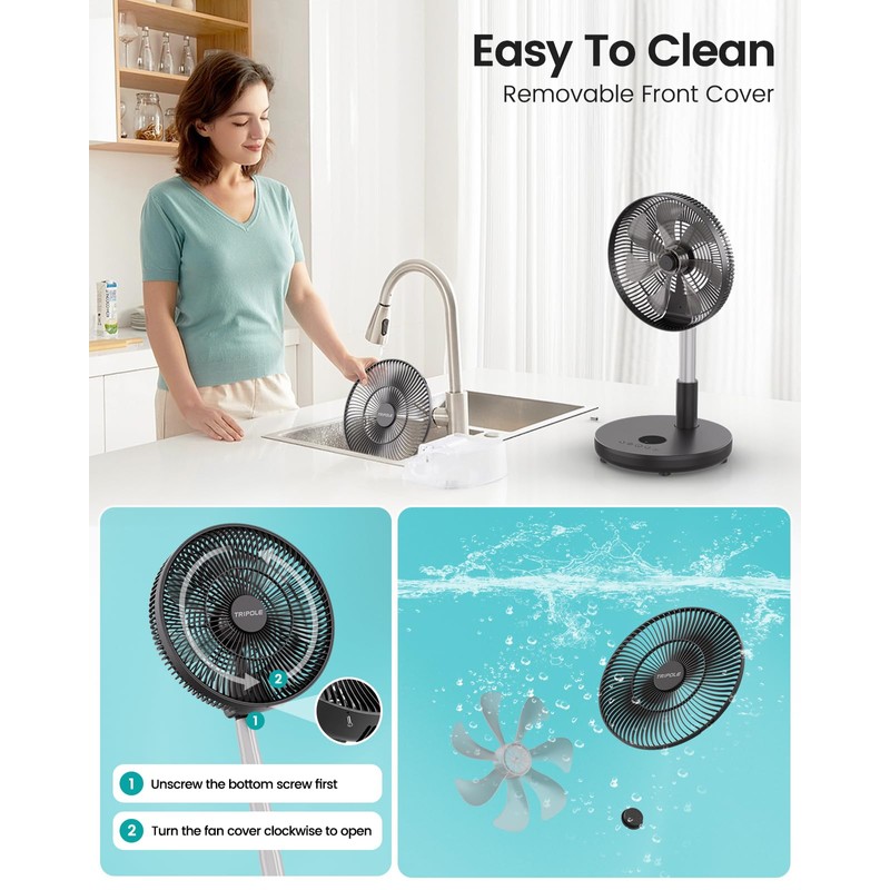 TriPole Foldable Standing Fan 12" Portable Rechargeable Battery Pedestal Fan
