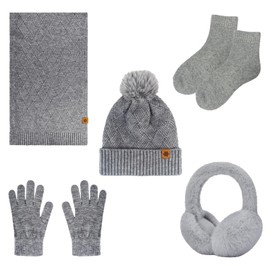 Knitted Hat and Scarf Set 5 PCS Winter Cold Weather Set, Ski Outing Set Plush Ear Warmers Beanie Hat Scarf Touch Screen Gloves Women Thermal Socks for Skiing Outdoor Sports