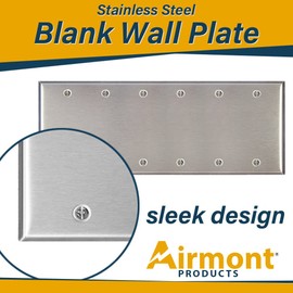 Airmont Products Stainless Steel Blank Wall Plates, 6 Gang Standard Size 4.50'' x 11.75'' Corrosion and Heat Resistant, Silver Metal, Cover Unused Electrical Sockets or Switch Holes
