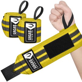 Weight Lifting Wrist Wraps – 18” Cotton Wrist Support with Thumb Loop – Gym Straps for Workout Powerlifting Weightlifting Fitness Strength Training, Stiff Wrist Straps (Yellow Grey)