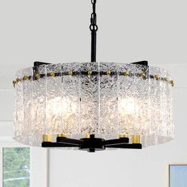 WTYUIO Modern Black Crystal Chandeliers for Dining Room, 5 Light Round Glass Drum Chandelier Over Table, Luxury Water Ripple Glass Light Fixture Chandelier for Dining Room Foyer Living Room Bedroom