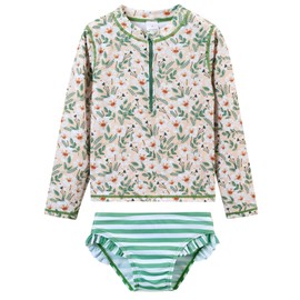 LIBREDGE Big Girls Swimsuit Rash Guard Bathing Suit Size 11 12 2-Piece Rashguard Set Long Sleeve Summer Beach Kids Swimwear Floral/Light Green 12Y