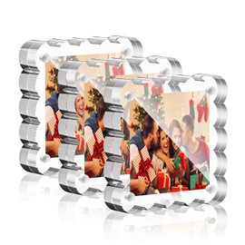 HELPLEX Acrylic Picture Frames 3x3, 3 Pack Clear Magnetic Lucite Frames, 20% Thicker 10+10mm Double-Sided Display, Freestanding Scalloped Design for Desktop