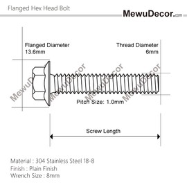 M6-1.0 x 16mm Flanged Hex Head Bolts Flange Hexagon Screws, Stainless Steel 18-8 (304), Plain Finish, 25 PCS