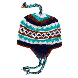 Wool Hand Knit Unisex Fleece Lined Ear Flap Beanie Sherpa Cap Hat Nepal, Turquoise/Rust, Medium-Large