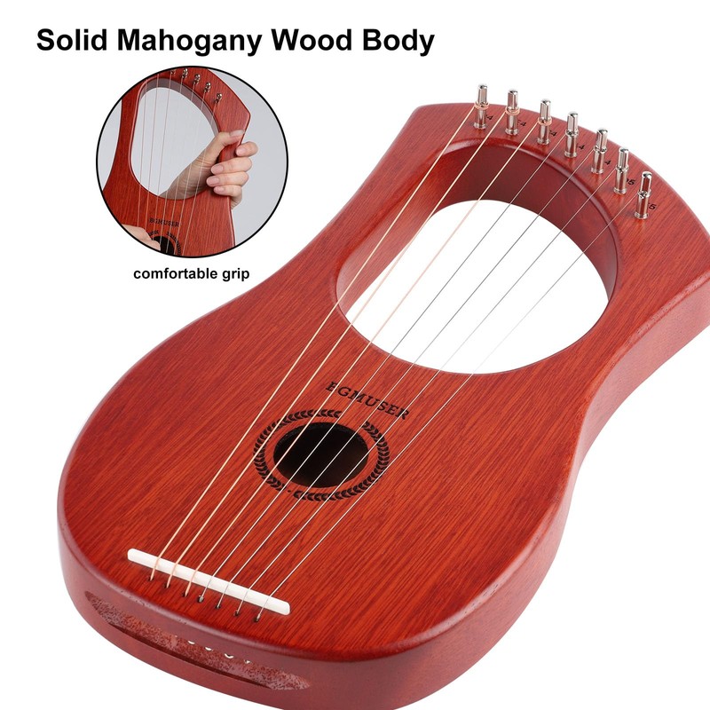 BGMUSER Lyre Harp 7 Strings with Bag,Tuning Wrench,Metal Strings, Mahogany