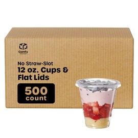 Comfy Package [Case of 500 12 oz. Clear Plastic Cups With (No Hole) Flat Lids - Ideal for Cold Beverages, Smoothies, and To-Go Drinks