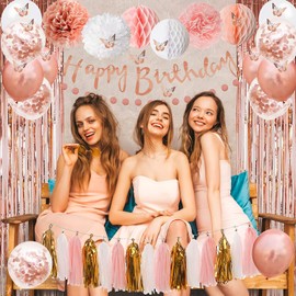 Upgraded Rose Gold Pink Party Decorations with Happy Birthday Banner, Curtains, Butterfly Wall, Circle Dots Garland, Tissue Pompoms, Paper Tassels Garland for Women's Party Decorations
