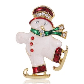 Skiing Snowman Rhinestones Christmas Brooch Pins for Women Girls Green Red Enamel Cute Crystal Ornament Wreath Brooches Lapel Pin Christmas Festival New Year Party Gift