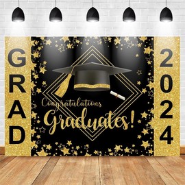 ChloropLastid Graduation Backdrop Black Glod Class of 2024 Congradulation Photography Backdrop Congrats Congratulation Bachelor Cap Congrats Grad Celebration Party Background Props Banner 10x8ft
