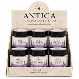 ANTICA Pomada de Lavanda 45 g c/u Bálsamo Corporal para Masaje y Relajación, con Lavanda, Manzanilla, Jojoba, Karité y Vitamina E, Paquete de 6 Piezas
