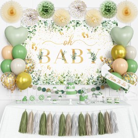 Sage Green Baby Shower Decorations, Oh Baby Neutral Gender Reveal Party Decor Kit With Backdrop, Balloons, Pom Poms, Tassels Garland, Mom To Be Sash & Circle Dots Garland For Baby Girls Boys