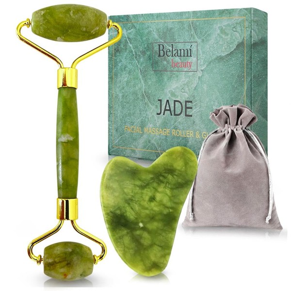 BELAMIBEAUTY - Facial Roller and 100% Certified Jade Massage Gua Sha - Natural Stone - Skin Firming and Relaxing - Eye, Face and Body Massager