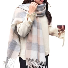 Tuopuda Women's Scarf Checked Pashmina XXL Stoles Oversized Autumn Scarf Winter Scarf Checked Tartan Shoulder Scarf Plaid Blanket Scarf Fashion Scarf Soft Warm Oversized Fringe Poncho, l