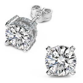 18K White Gold Plated Sterling Silver Pave Round Cut Cubic Zirconia Stud Earrings 4 Prong CZ Simulated Diamond Stud Earrings for Women Men Hypoallergenic (White Gold, 6mm)