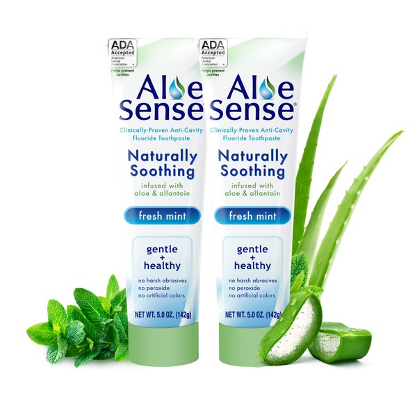 AloeSense Fluoride Toothpaste, Naturally Soothing Toothpaste Sensitive Teeth and Gum Care with Aloe Vera, Allantoin & Fresh Mint Flavor, Gentle & Natural Toothpaste, ADA Approved (5-oz, 2 Count)