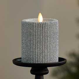 Luminara Brilliant Silver Glitter Ribbed Flameless LED Candle Moving Flame Pillar, Real Wax, Flat Top, Timer (3.25" x 4.5")