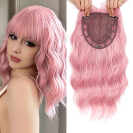 Nexyshe Wavy Hair Topper with Bangs 14 Inch Pink Wig with 6.5''X6.5'' Big Base Cosplay Wigs for Women Sythetic Hair Pieces for Ladies