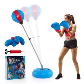 GYMAX Punching Bag for Adults & Teens, Boxing Equipment Set w/Height Adjustable Stand, Gloves & Pump, Free Standing Boxing Bag with Reflex Ball for Agility (Blue)