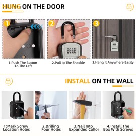 Worve Key Lock Box,Lock Box for House Key, 4-Digit Combination Security Lockbox, Portable Wall Mounted Storage Lock Box for Home, Office, Apartment Spare Key Storage (1 Pack, Black)