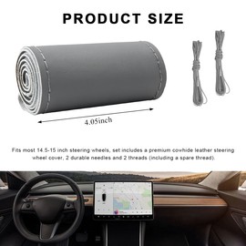 MUQIDA Genuine Leather Steering Wheel Cover, 15 Inches Breathable Stitch on Wrap Steering Wheel Cover, Anti-Slip Auto Wheel DIY Sewing Protector with Needle Thread (Gray, Glossy)