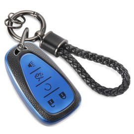 CTRINEWS for Chevy Key Fob Cover with Metal Braided Rope Keychain, Upgraded TPU Surface Grain Key Case for Malibu Equinox Blazer Trax Traverse Camaro Volt (5 Buttons) (Blue, B1)