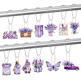 Kleeblatt Decorative Shower Curtain Hooks with Lavender Purple, 12pcs Woody Cute Girly Bathroom Decor Accessories, Stainless Steel Hook, Wooden Accessory - Purple