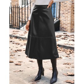 Kate Kasin PU Leather Skirts for Women High Waisted Fall Midi Long Skirt Black M