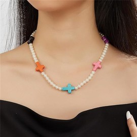 LittleFathand Natural Stone Cross Necklace for Women Boho Turquoise Beaded Chain Necklace Dainty Small Cross Pendant Necklace Christmas Jewelry Gift, Zinc, No Gemstone