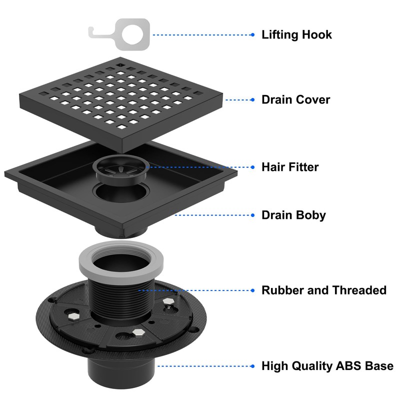 6 Inch Square Shower Drain with Flange - Quadrato Pattern