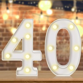 8.7In 40th Birthday Decorations Gifts for Her Him, Light Up Numbers Decorative Sign for 40th Birthday Wedding Work Anniversary Backdrop Table Wall Decor（White）