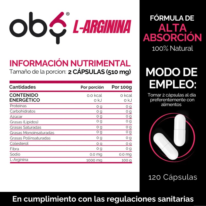 Oby L Arginina 1000mg 120 Caps Máxima Potencia Y Absorción