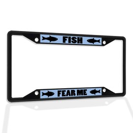 Fastasticdeals Metal Insert License Plate Frame Fish Fear Me Weatherproof Car Accessories Black 4 Holes Solid Insert