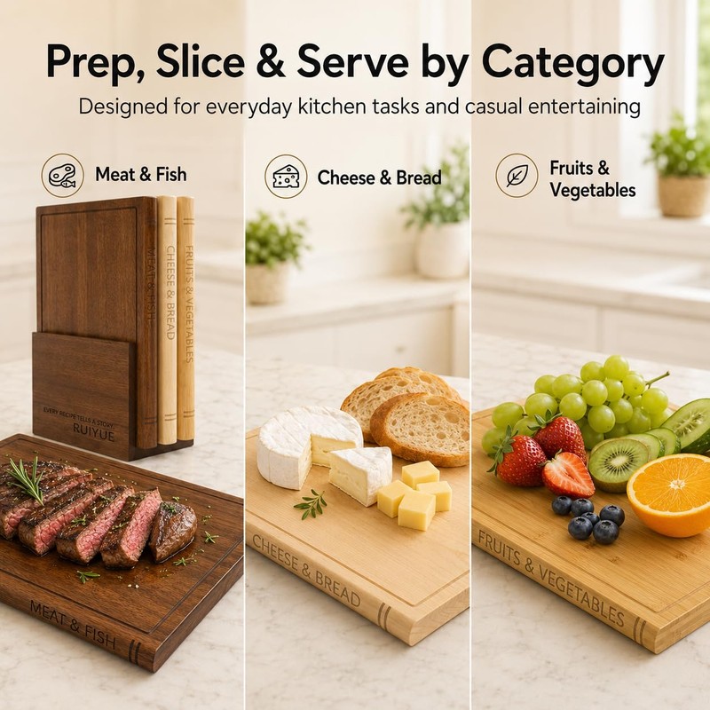 Book Shaped Cutting Board Set with Walnut Stand, 3 PCS