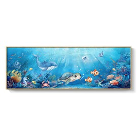 Large Framed Nursery Canvas Wall Art, Ocean Themed Nautical Prints Coastal Paintings Decor for Walls, Turtle Whale Coral Tropical Fish Pictures for Kids Boys Baby Girls Room Bathroom Wall Decor