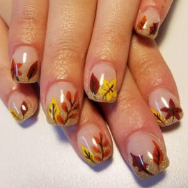 Fall Press on Nails Short Square Fake Nails Gold Glitter Designs French Tip False Nails Maple Leaf Thanksgiving Nails Artificial Autumn Press ons Stick on Nails for Women Winter Holiday Manicure 24Pcs