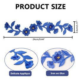 BENOSPACE10 Pcs Long Flower Embroidered Patches Peony Flower Iron on Patches Floral Trimming Decorative Embroidered Applique Sewing Patches for Clothing Bags Jackets Jeans Shoes DIY Craft(Royal Blue)