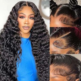 180% Density 13x6 Lace Front Wigs Human Hair Deep Wave Lace Frontal Wigs for Black Women Glueless HD Pre Plucked Loose Deep Curly Lace Front Wig Natural Hairline 20 Inch