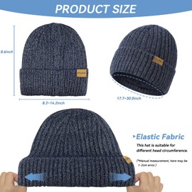 Grantop Classic Beanie Hat, Ladies Warm Slouch Knit Double Layer Winter Hat, Unisex Thermal Insulating Striped Pompom Beanie Hat for Men Women Kid (Navyblue)