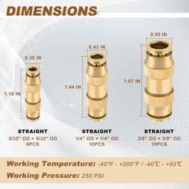 Boeray 26pcs Quick Connect Brass DOT Air Line Fittings Straight Union 1/4” 3/8” 5/32” Tube Push to Connect Fittings Air Suspension Fitting Straight Air Brake Union Push Lock Pneumatic Air Hose Fitting