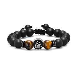 Men's Bracelet Pearl Bracelet Viking Jewellery - 10 mm Black Genuine Onyx Stones Tiger's Eye Beads Bracelets with Silver Valknut Charm Elastic Natural Stone Viking Bracelet Gifts for Men, Metal Beads