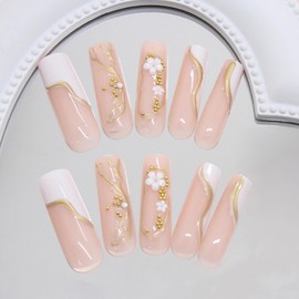 MERVF Long Press on Nails Square Fake Nails White French Tip Glue ons 3D Flower Charms Design Squoval Acrylic Nail Gold Lines Manicure Glossy 24pcs