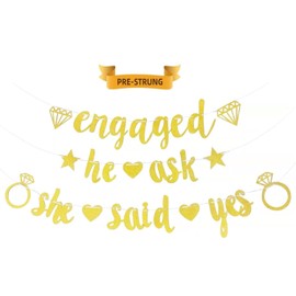 Engagement Party Banners Kit Pre-Strung, Engaged He Asked She Said Yes Bunting Banner, Gold Glitter Propose Marriage Flag Decoration Set, Courtship Paper Sign Background for Wedding, Engagement, Bachelorette Party Decorations, NO DIY